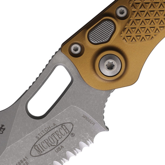 Microtech Auto Stitch Knife Button Lock Tan Aluminum Handle Automatic Opening Serrated Wharncliffe Blade For EDC Fans by Microtech