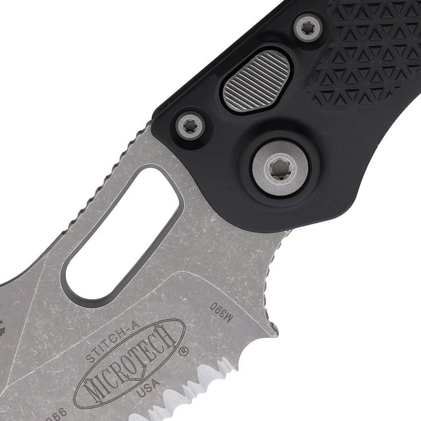 Microtech Auto Stitch SE Button Lock Knife Automatic Opening 5in Closed Wharncliffe Serrated Blade For EDC Enthusiasts by Microtech