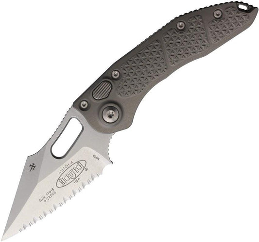 Microtech Auto Stitch SE Button Lock Knife With Serrated Wharncliffe Blade 5 Inch Closed For EDC Enthusiasts by Microtech