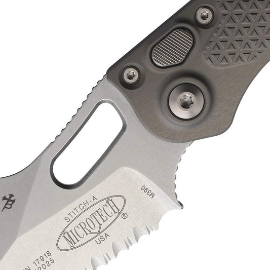 Microtech Auto Stitch SE Button Lock Knife With Serrated Wharncliffe Blade 5 Inch Closed For EDC Enthusiasts by Microtech