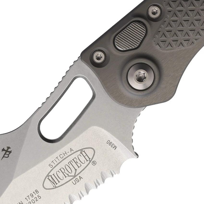 Microtech Auto Stitch SE Button Lock Knife With Serrated Wharncliffe Blade 5 Inch Closed For EDC Enthusiasts by Microtech