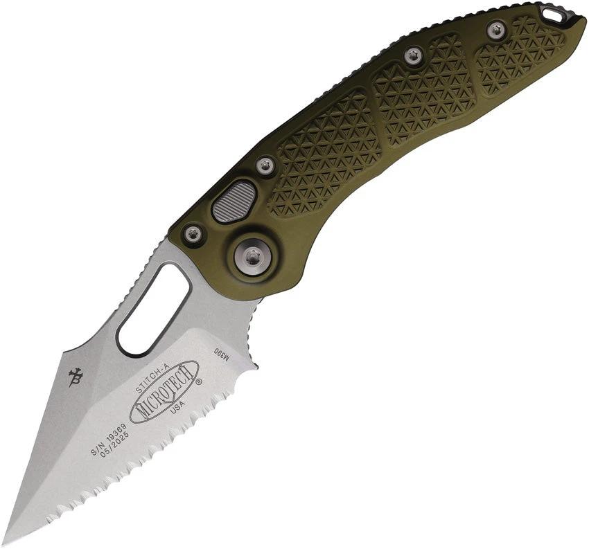 Microtech Auto Stitch SE Knife Auto Opening For EDC Enthusiasts Premium Wharncliffe Blade 5in Closed OD Green Aluminum by Microtech