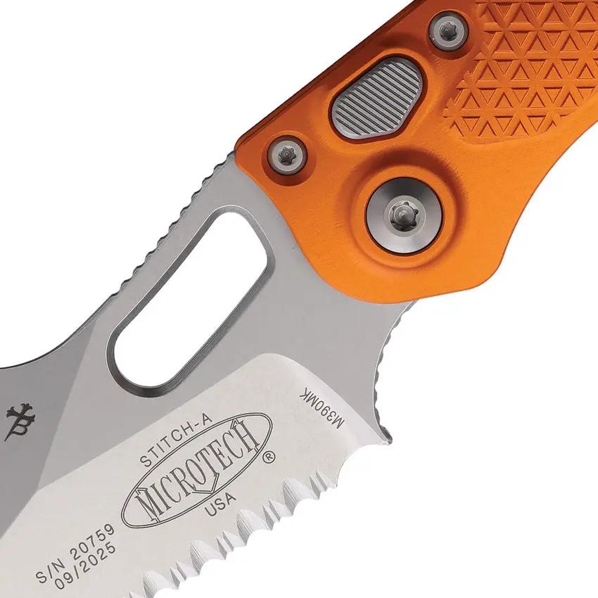 Microtech Auto Stitch Knife S E Button Lock Automatic Opening Orange Aluminum Handle For EDC Enthusiasts by Microtech