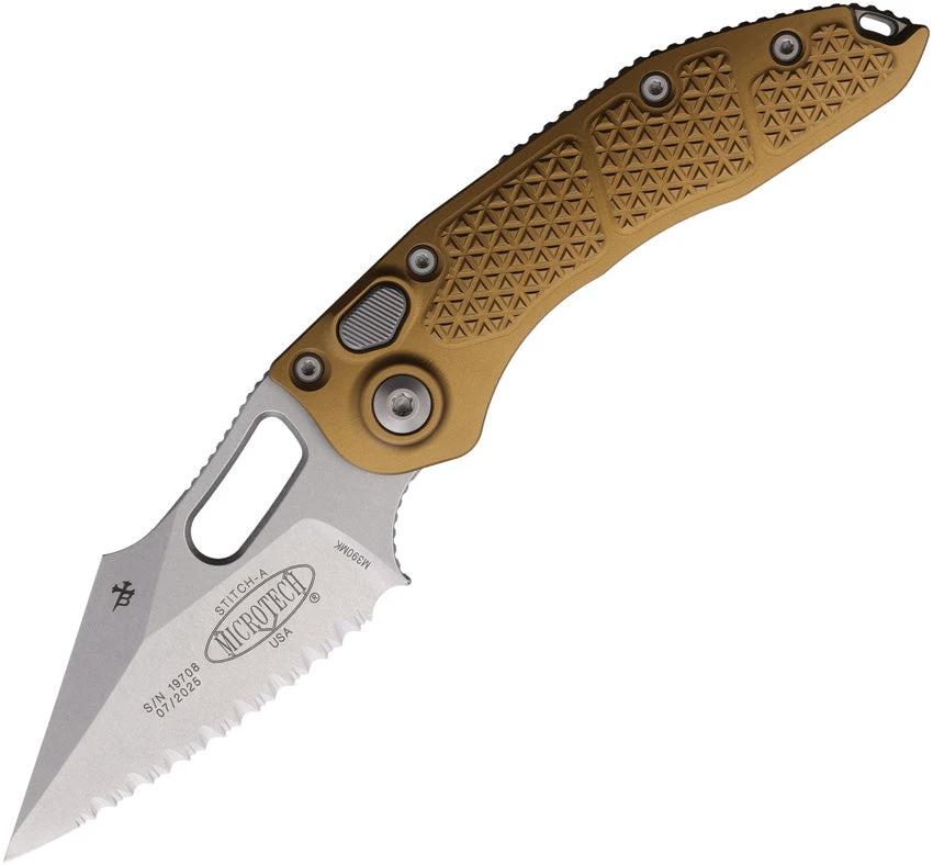 Microtech Auto Stitch S/E Button Lock Knife Automatic Opening 5in Closed For EDC Enthusiasts Tan Aluminum Handle Stonewash Wharncliffe