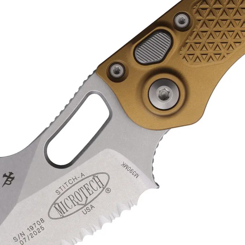 Microtech Auto Stitch S/E Button Lock Knife Automatic Opening 5in Closed For EDC Enthusiasts Tan Aluminum Handle Stonewash Wharncliffe by Microtech