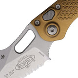 Microtech Auto Stitch S/E Button Lock Knife Automatic Opening 5in Closed For EDC Enthusiasts Tan Aluminum Handle Stonewash Wharncliffe by Microtech