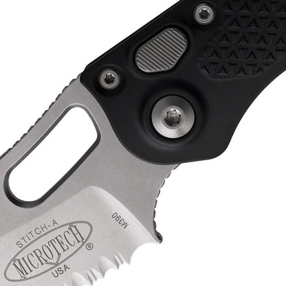 Microtech Auto Stitch SE Button Lock Knife For EDC Enthusiasts, Automatic Opening, 3.75in Serrated Wharncliffe Blade by Microtech