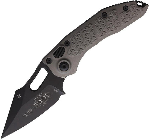 Microtech Auto Stitch S E Button Lock Knife For EDC Enthusiasts With 3.75 Inch Wharncliffe Blade Gray Aluminum
