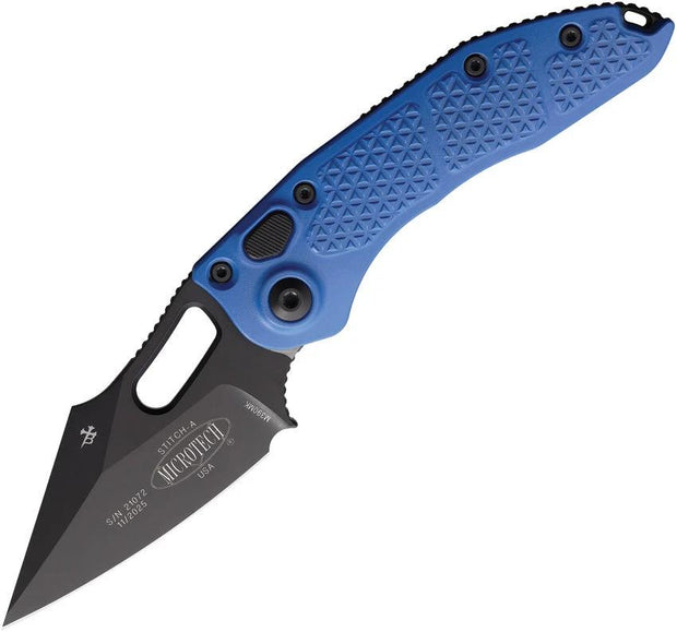 Microtech Auto Stitch SE Button Lock Knife For EDC Premium Blue Aluminum Handle 5in Closed 3.75in Wharncliffe