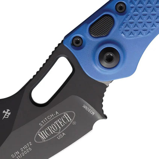 Microtech Auto Stitch SE Button Lock Knife For EDC Premium Blue Aluminum Handle 5in Closed 3.75in Wharncliffe by Microtech