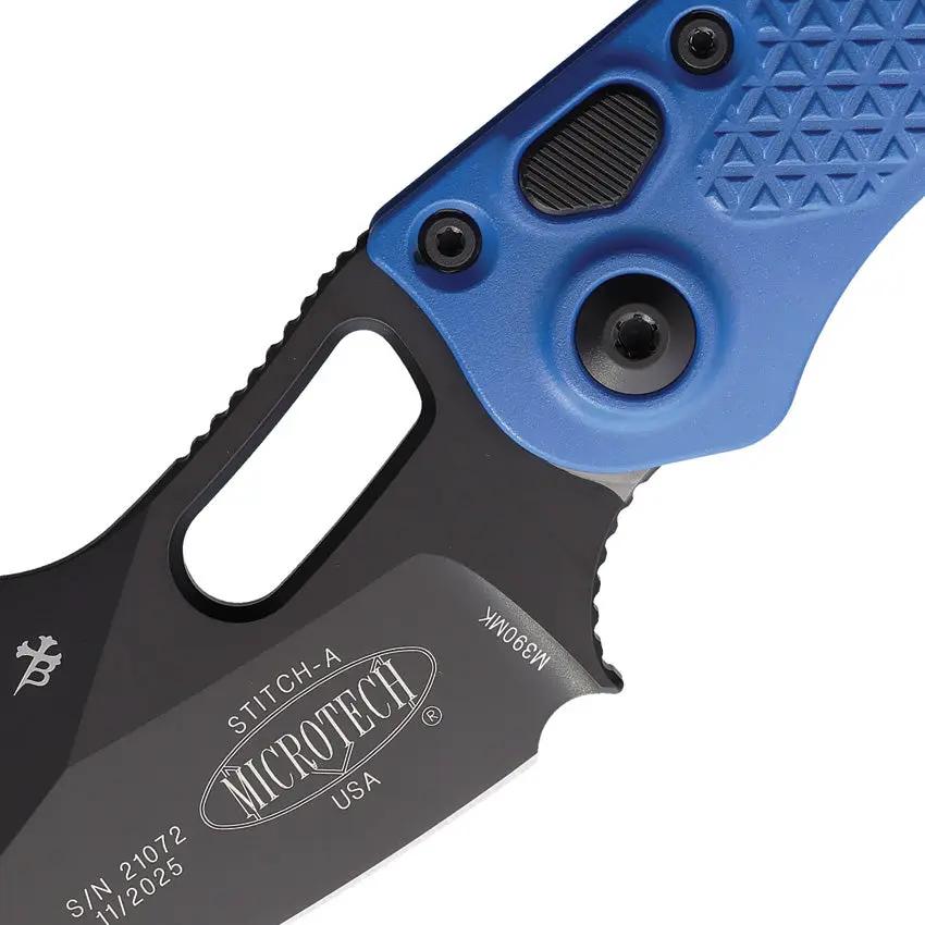 Microtech Auto Stitch SE Button Lock Knife For EDC Premium Blue Aluminum Handle 5in Closed 3.75in Wharncliffe by Microtech