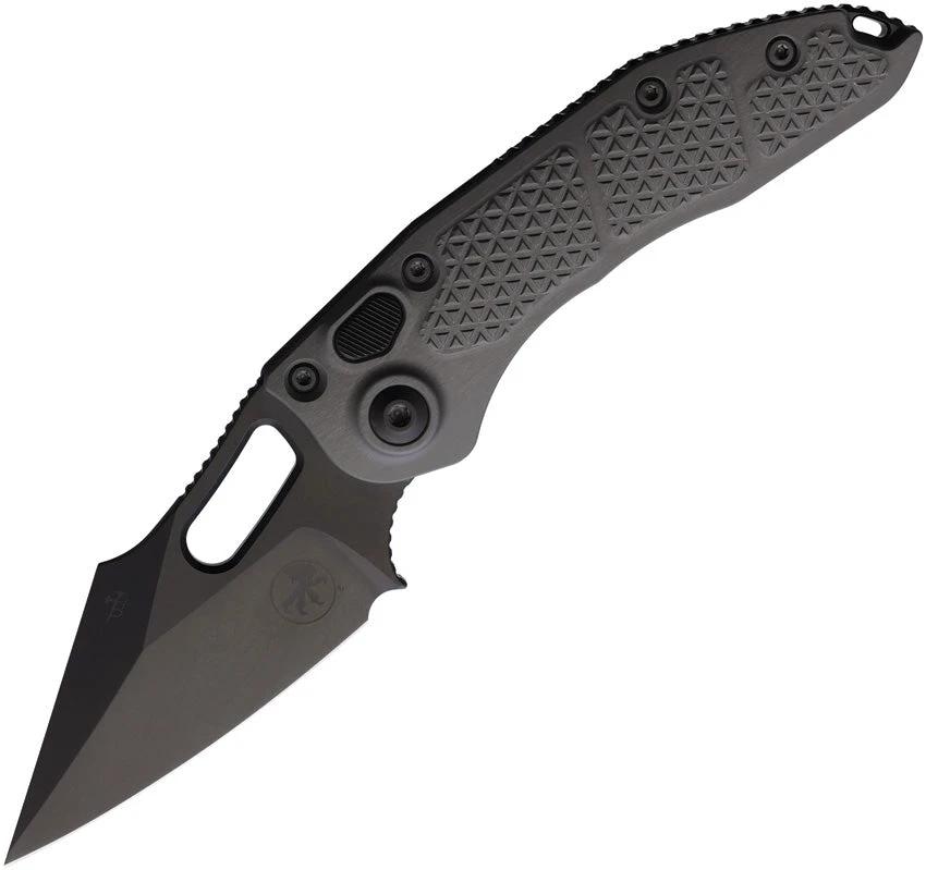 Microtech Auto Stitch SE Button Lock Knife Automatic Opening 3.75 Inch DLC Wharncliffe Blade Gray Aluminum EDC Ready