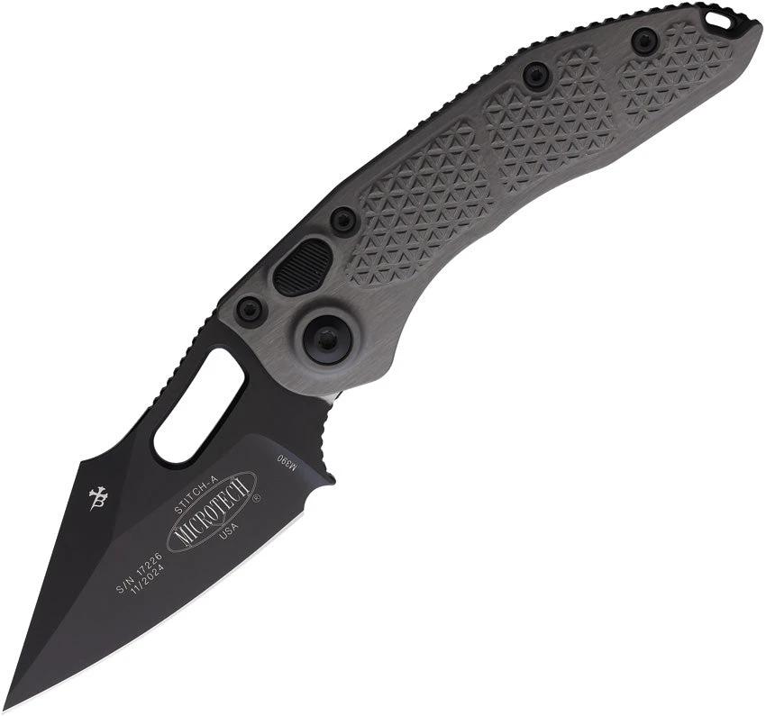 Microtech Auto Stitch SE Button Lock Knife For EDC With Gray Aluminum Handle 3.75 Inch Wharncliffe Blade 5 Inch Closed