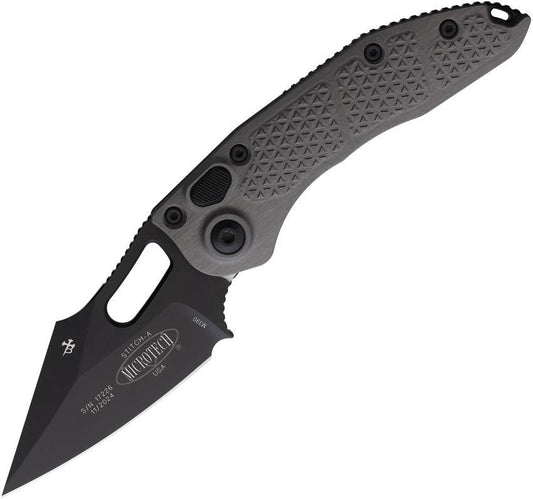 Microtech Auto Stitch SE Button Lock Knife For EDC With Gray Aluminum Handle 3.75 Inch Wharncliffe Blade 5 Inch Closed