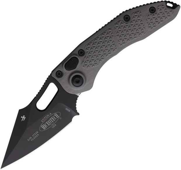 Microtech Auto Stitch SE Button Lock Knife For EDC With Gray Aluminum Handle 3.75 Inch Wharncliffe Blade 5 Inch Closed