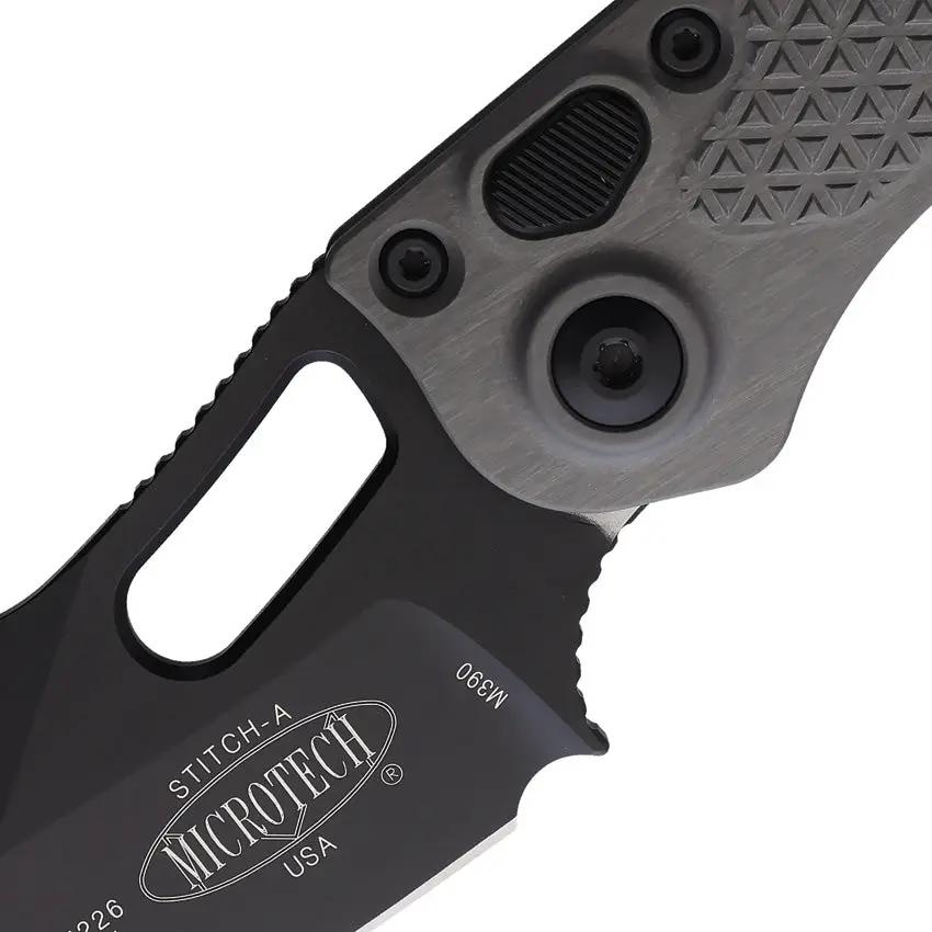 Microtech Auto Stitch SE Button Lock Knife For EDC With Gray Aluminum Handle 3.75 Inch Wharncliffe Blade 5 Inch Closed by Microtech