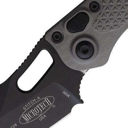 Microtech Auto Stitch SE Button Lock Knife For EDC With Gray Aluminum Handle 3.75 Inch Wharncliffe Blade 5 Inch Closed by Microtech