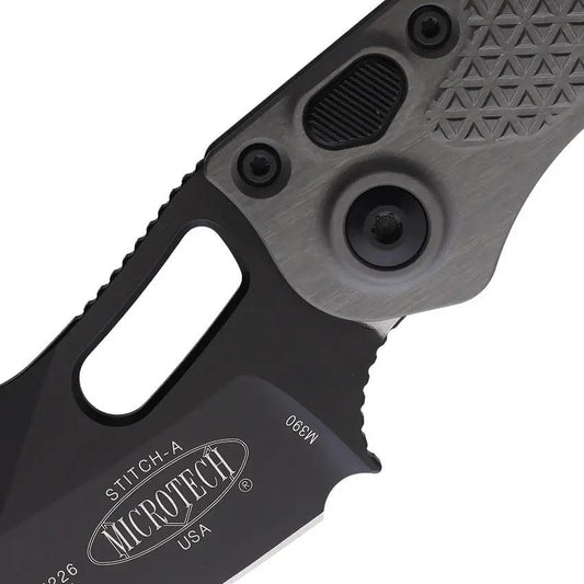 Microtech Auto Stitch SE Button Lock Knife For EDC With Gray Aluminum Handle 3.75 Inch Wharncliffe Blade 5 Inch Closed by Microtech