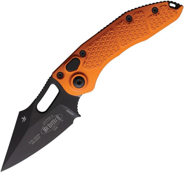 Microtech Auto Stitch S E Button Lock Knife For EDC Enthusiasts Orange Aluminum Handle 5 Inch Closed 3.75in Blade