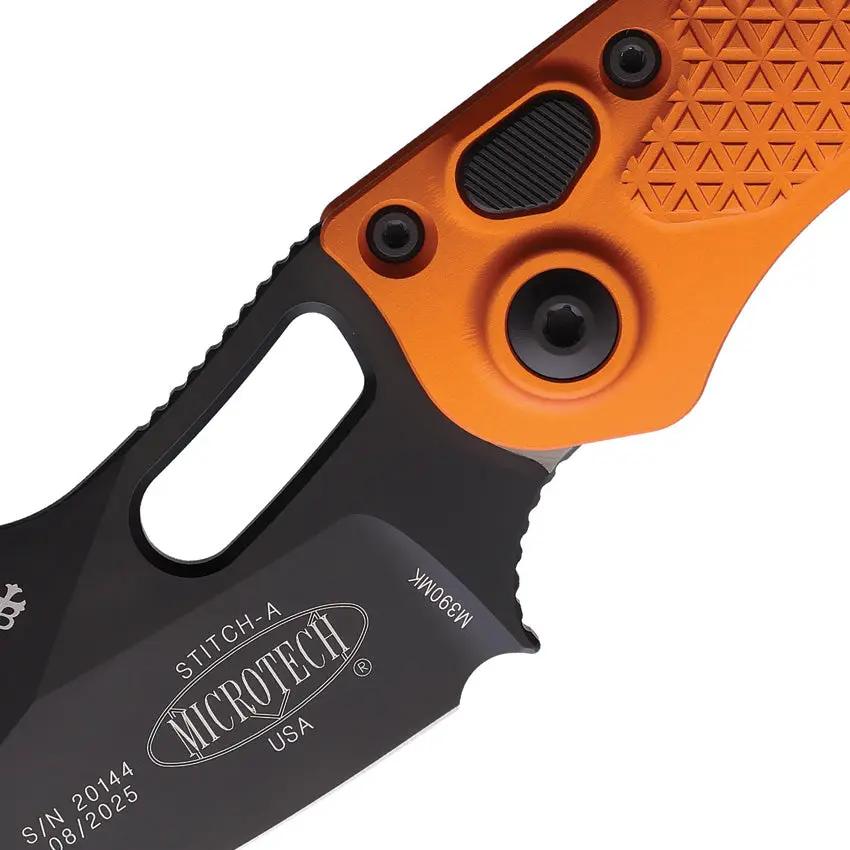Microtech Auto Stitch S E Button Lock Knife For EDC Enthusiasts Orange Aluminum Handle 5 Inch Closed 3.75in Blade by Microtech