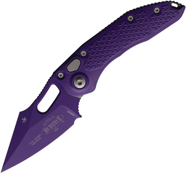 Microtech Auto Stitch SE Button Lock Knife For EDC Enthusiasts With Premium Purple Cerakote Wharncliffe Blade