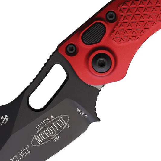 Microtech Auto Stitch SE Button Lock Knife Automatic Opening With Red Aluminum Handle Wharncliffe Blade 5in Closed EDC by Microtech