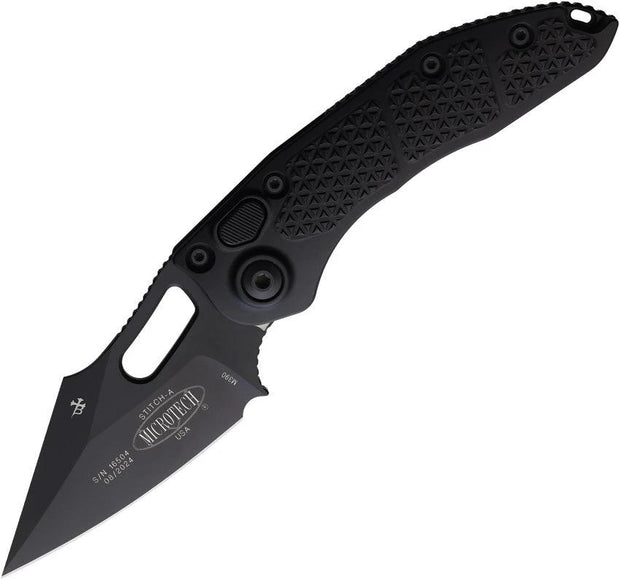 Microtech Auto Stitch SE Button Lock Knife With Automatic Opening 5in Closed 3.75in Black Steel Blade EDC