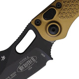 Microtech Auto Stitch Knife S E Button Lock 5 Inch Closed 3.75 Inch Black M390 Blade Tan Aluminum Handle For EDC by Microtech