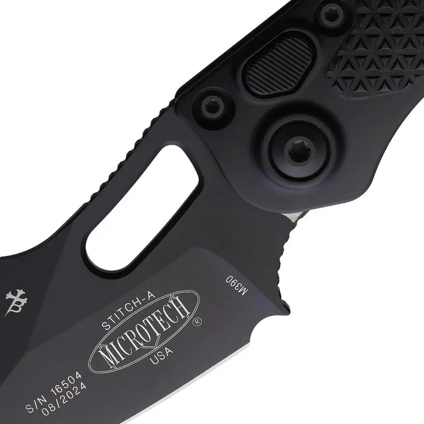 Microtech Auto Stitch SE Button Lock Knife With Automatic Opening 5in Closed 3.75in Black Steel Blade EDC by Microtech