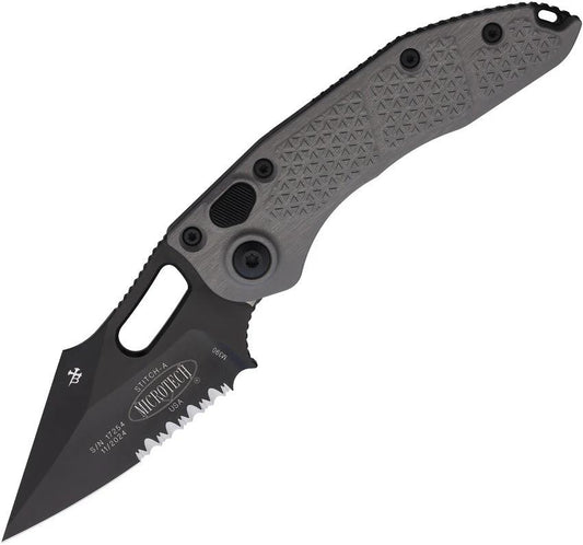 Microtech Auto Stitch SE Button Lock Knife Auto Opening 3.75in Wharncliffe Blade Black Aluminum For Tactical EDC Fans by Microtech