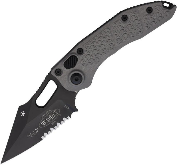 Microtech Auto Stitch SE Button Lock Knife Auto Opening 3.75in Wharncliffe Blade Black Aluminum For Tactical EDC Fans by Microtech