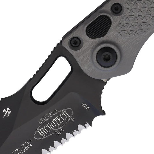 Microtech Auto Stitch SE Button Lock Knife Auto Opening 3.75in Wharncliffe Blade Black Aluminum For Tactical EDC Fans by Microtech