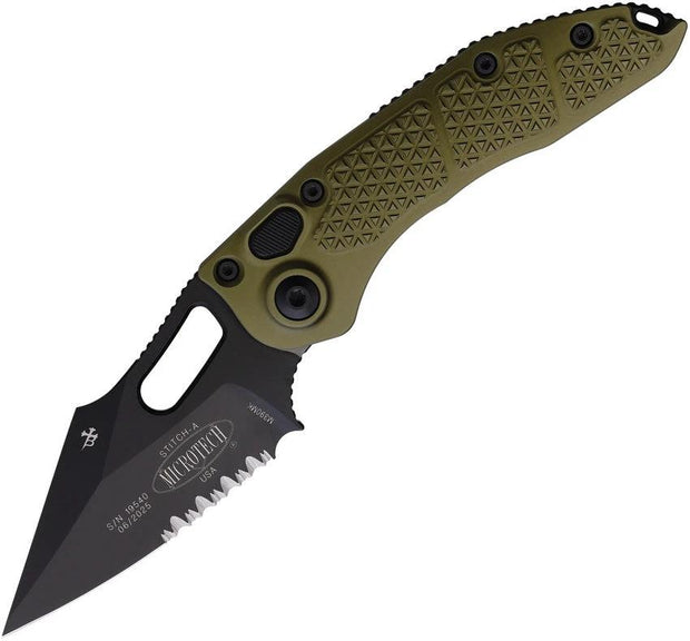 Microtech Auto Stitch SE Button Lock Folding Knife With Automatic Opening OD Green Aluminum Handle For EDC Enthusiasts