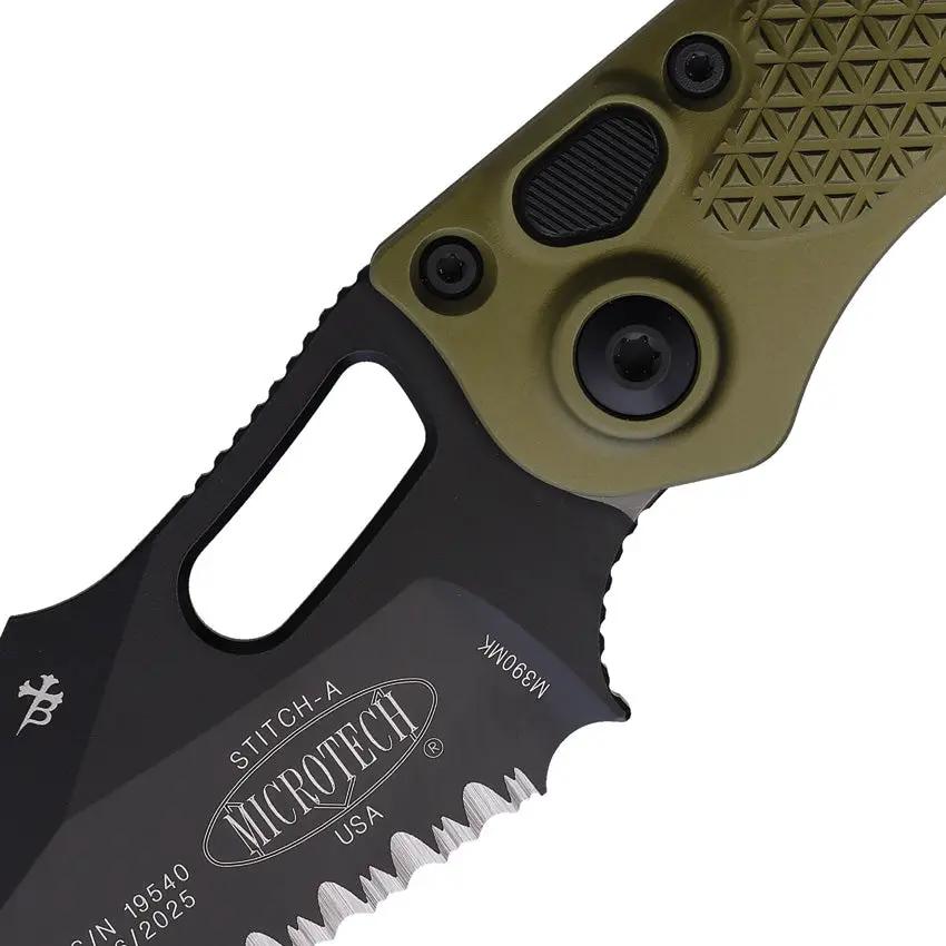 Microtech Auto Stitch SE Button Lock Folding Knife With Automatic Opening OD Green Aluminum Handle For EDC Enthusiasts by Microtech