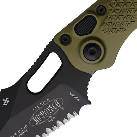 Microtech Auto Stitch SE Button Lock Folding Knife With Automatic Opening OD Green Aluminum Handle For EDC Enthusiasts by Microtech