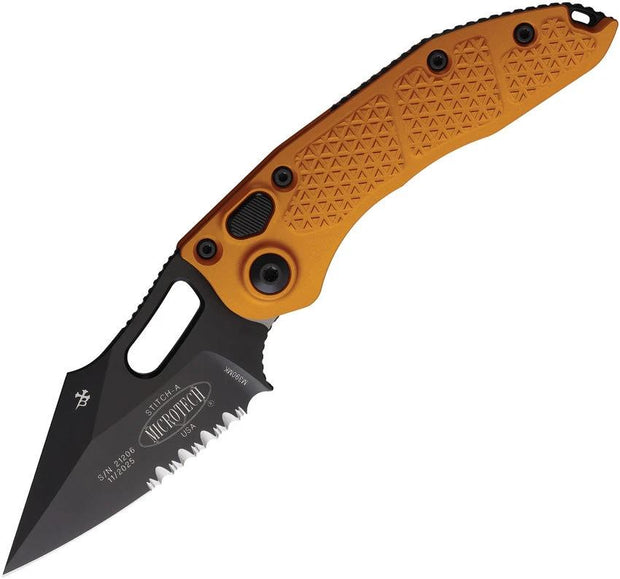 Microtech Auto Stitch SE Button Lock Knife Auto Opening With Wharncliffe Blade And Tangerine Aluminum Handle For EDC