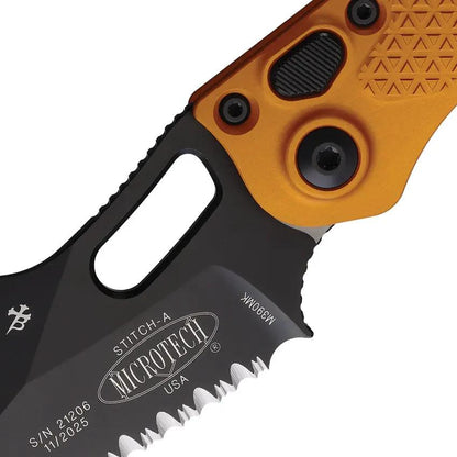 Microtech Auto Stitch SE Button Lock Knife Auto Opening With Wharncliffe Blade And Tangerine Aluminum Handle For EDC by Microtech