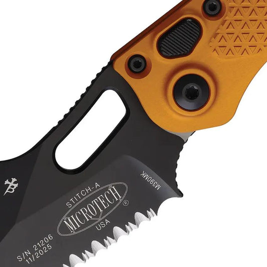 Microtech Auto Stitch SE Button Lock Knife Auto Opening With Wharncliffe Blade And Tangerine Aluminum Handle For EDC by Microtech