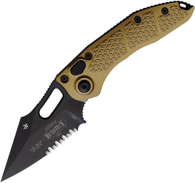 Microtech Auto Stitch Button Lock Tan Folding Knife 3.75in Black M390 Partial Serrated Blade For EDC Enthusiasts