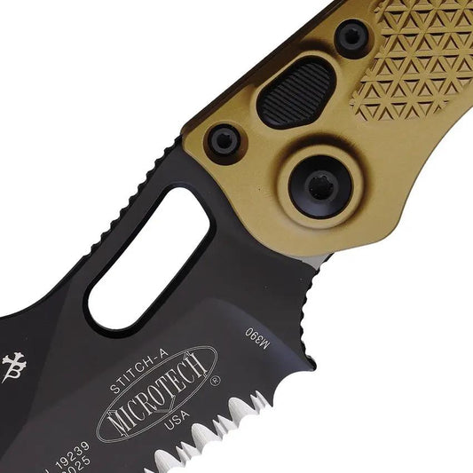 Microtech Auto Stitch Button Lock Tan Folding Knife 3.75in Black M390 Partial Serrated Blade For EDC Enthusiasts by Microtech
