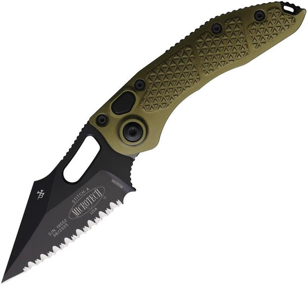 Microtech Auto Stitch SE Button Lock Knife With Automatic Opening 5in Closed 3.75in Serrated Wharncliffe OD Green EDC by Microtech