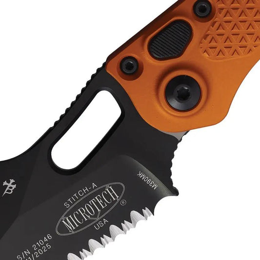 Microtech Auto Stitch SE Button Lock Knife Automatic Opening 3.75in Wharncliffe Blade Orange Handle For Tactical EDC by Microtech