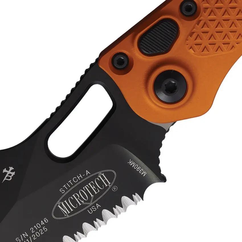 Microtech Auto Stitch SE Button Lock Knife Automatic Opening 3.75in Wharncliffe Blade Orange Handle For Tactical EDC by Microtech