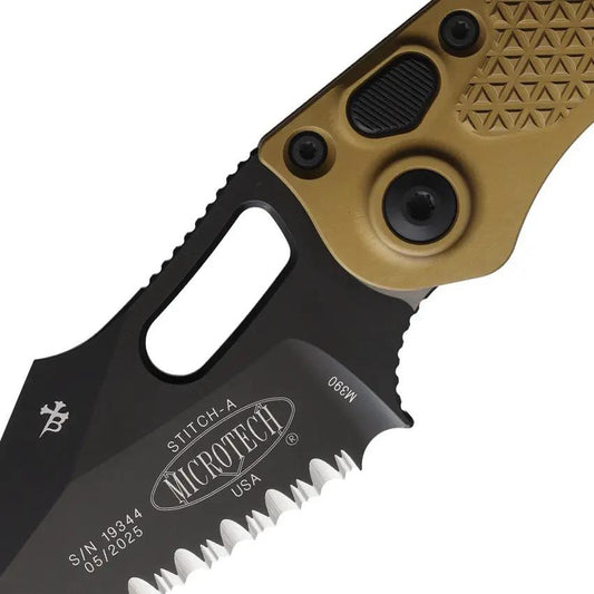 Microtech Auto Stitch SE Button Lock Tactical EDC Knife With Serrated Wharncliffe Blade 5in Closed Tan Aluminum by Microtech