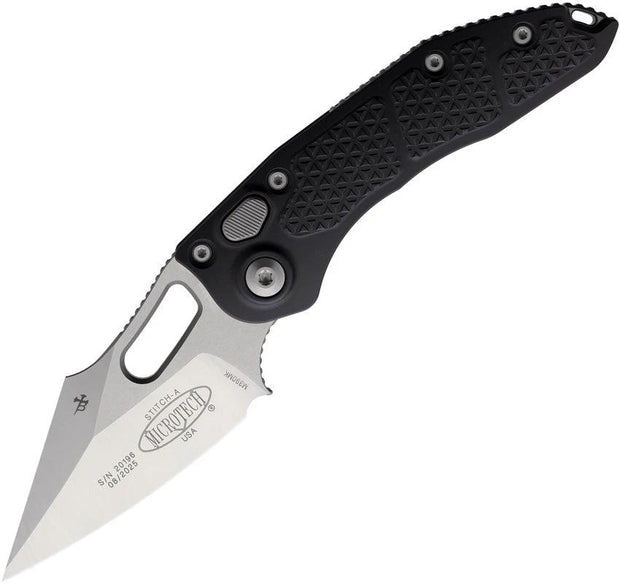 Microtech Auto Stitch SE Button Lock Folding Knife For EDC Fans Satin Wharncliffe Blade Rugged Aluminum Handle