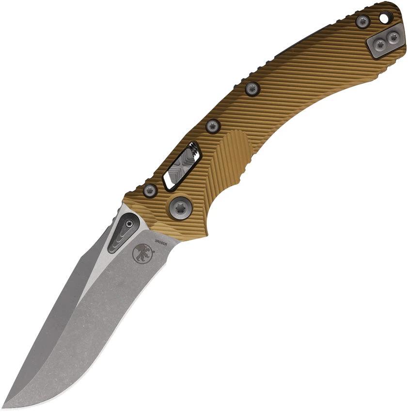 Microtech Amphibian SE Ram Lok Knife Tan Fluted Aluminum Handle 4 Inch M390MK Blade For Tactical Enthusiasts