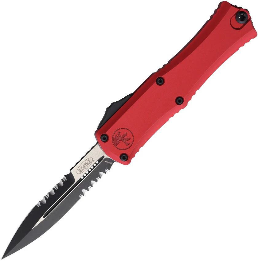 Microtech Auto Hera II OTF Knife Bayonet Style Two Tone Finish 3 Inch M390MK Blade Red Aluminum Handle Glass Breaker EDC