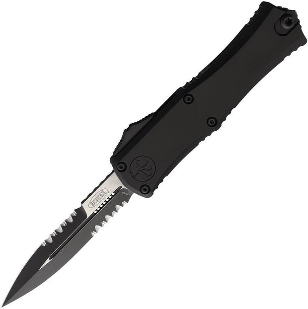 Microtech Hera II Mini Auto OTF Knife Bayonet Blade M390MK 3In Partially Serrated Black Aluminum Tactical 4In Closed