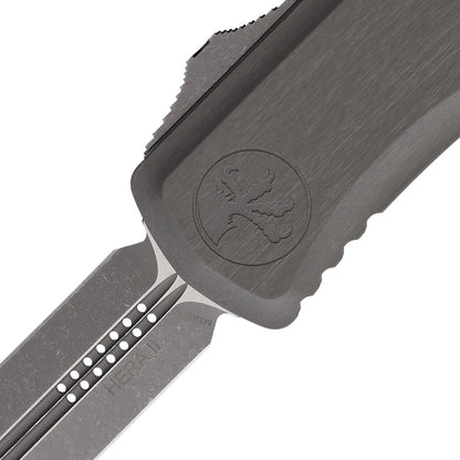Microtech Hera II Auto OTF Knife For EDC Enthusiasts With 4 In Blade Apocalyptic Finish Aluminum Handle Glass Breaker by Microtech