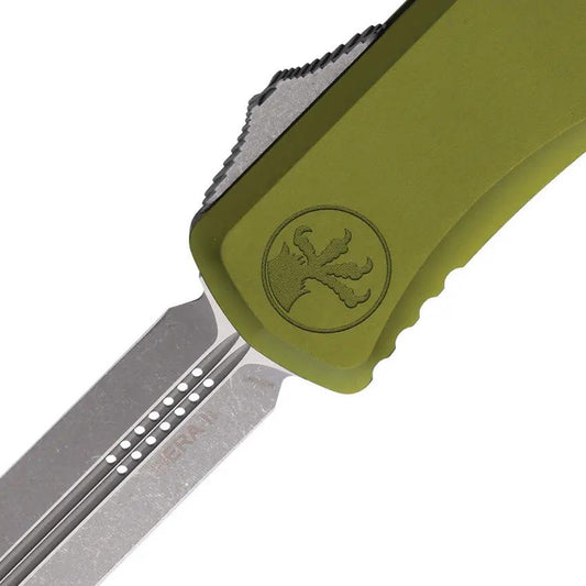 Microtech Hera II OTF Auto Knife DE 4In Bohler M390 Apocalyptic Finish OD Green Aluminum Pocket Clip For Collectors by Microtech